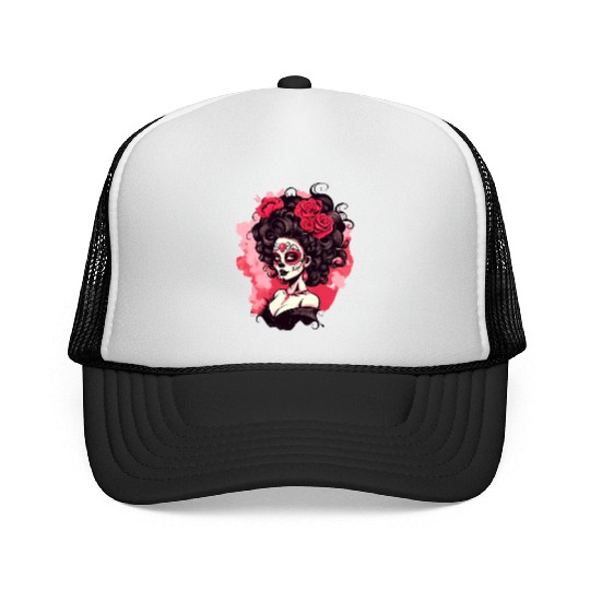 Dia de los muertos woman sugar skull with flowers Trucker Caps