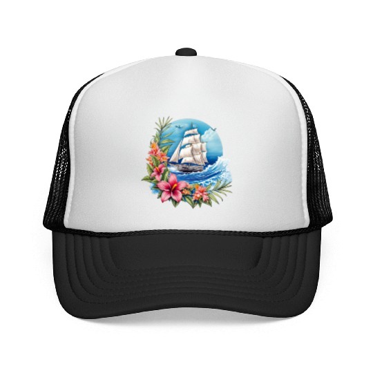 Sailing Ship Sailing Orchids Flowers Sailboat Trucker Caps