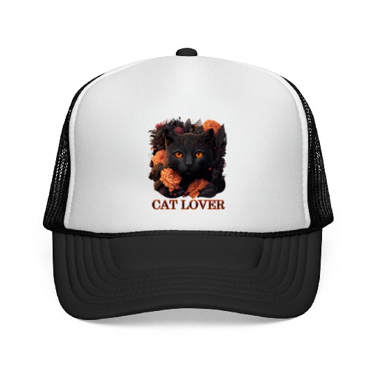 Cat Lover - Sweet Black Cat with Flowers Trucker Caps