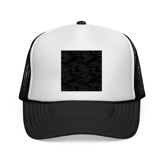 Monochrome Elegance: White Abstract Lines on Black Trucker Caps