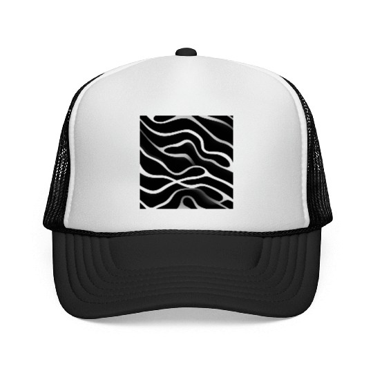 Monochrome Elegance: White Abstract Lines on Black Trucker Caps