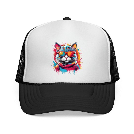Funny Design Color Cat Wearing Sunglasses Meow Trucker Caps