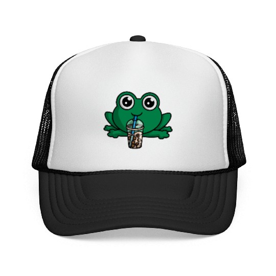 Bubble Boba Tea Drink Frog Cute Anime Kawaii Toad Trucker Caps