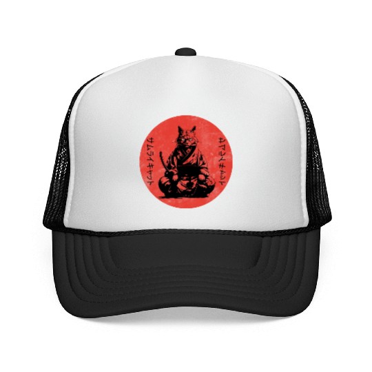 Wise Calm Vintage Retro Japanese Kitty Samurai Cat Trucker Caps