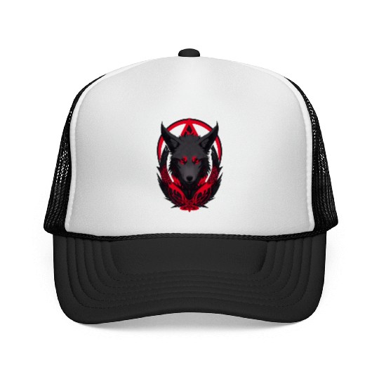 Red and Black Wolf Head with Fiery Eyes Trucker Caps