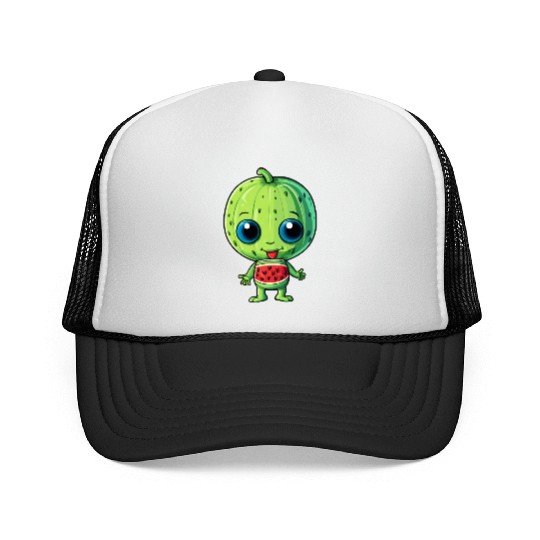 Green Alien & Watermelon: A Galactic Fusion Trucker Caps
