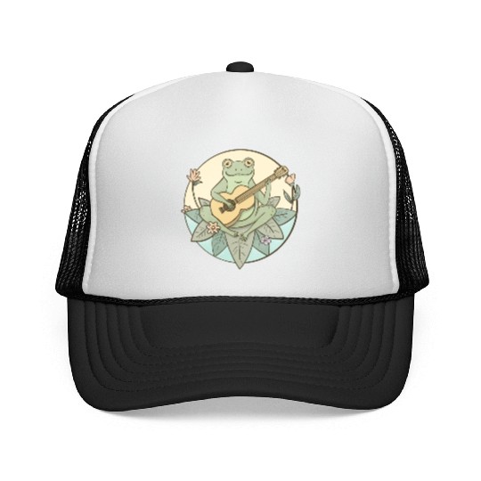 Cottagecore Aesthetic Frog Playing Guitar Trucker Caps
