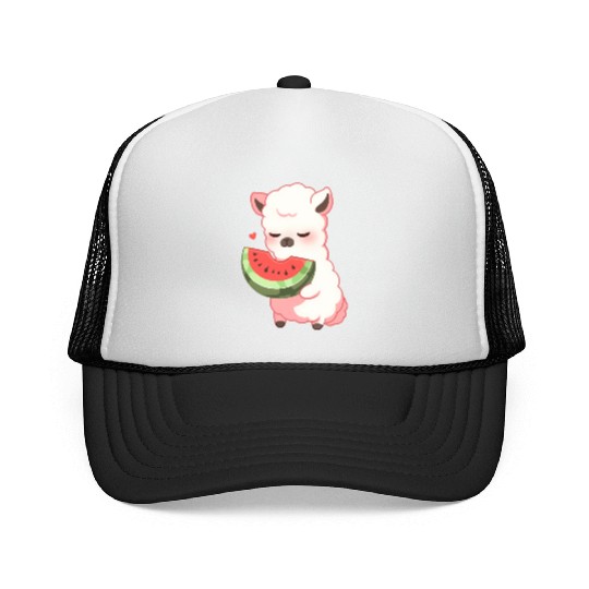 Adorable Kawaii Llama Savoring Sweet Watermelon Trucker Caps