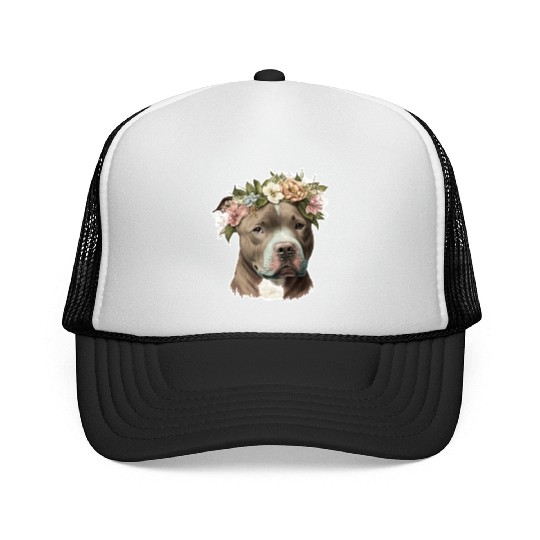 pit bull with flower crown Trucker Caps