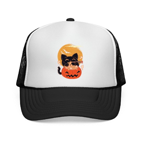 Kawaii Creepy Cat Eating Ramen Noodles Halloween Trucker Caps