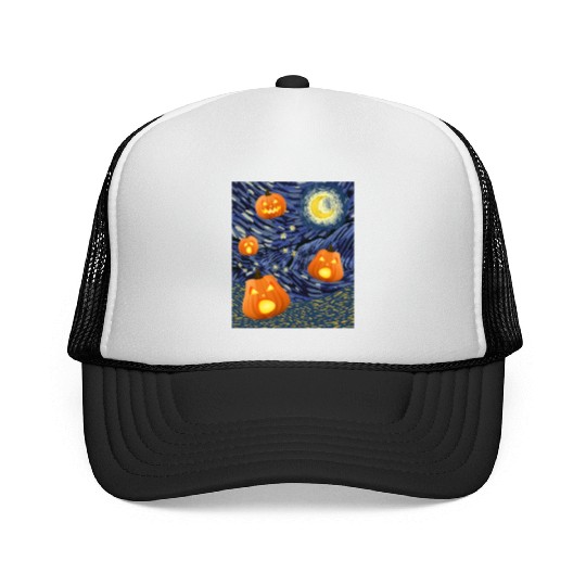 Starry Night with Pumpkins Funny Halloween Art Trucker Caps