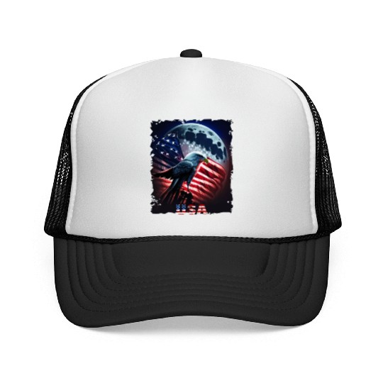 America eagle under Moon with American Flag Trucker Caps
