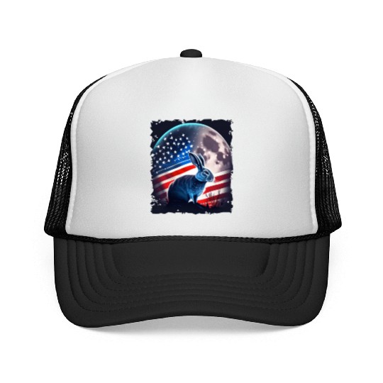 America rabbit under Moon with American Flag Trucker Caps