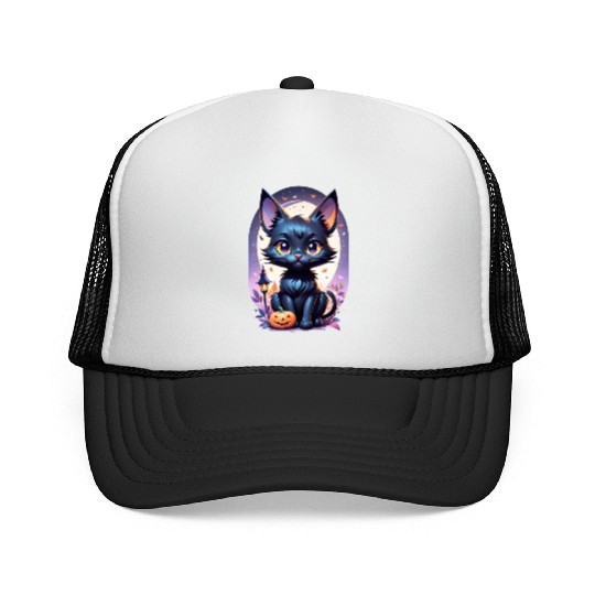 Black Cat With a jack-o-lantern Halloween Design Trucker Caps