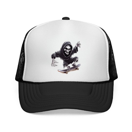 Grim Reaper Shreds the Streets: Skateboarding for Trucker Caps