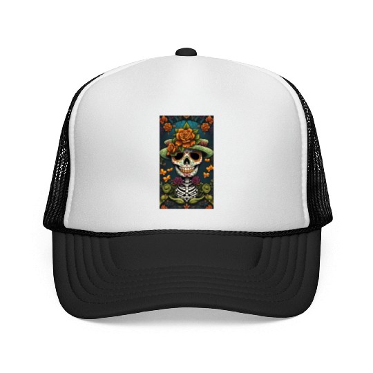 Sugar Skull Man In Good Luck Green With Flowers Trucker Caps