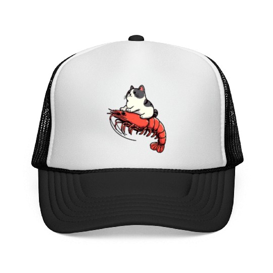 Cat rides shrimp Trucker Caps