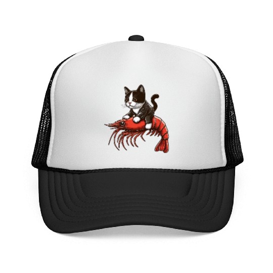 Cat rides shrimp Trucker Caps