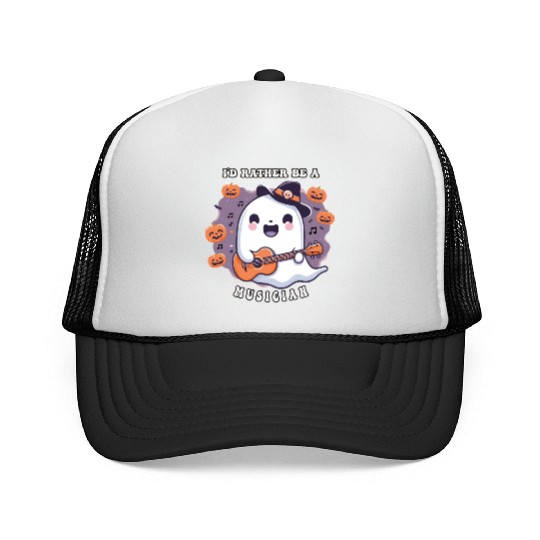 cute ghost playing guitar, Id rather be musician Trucker Caps