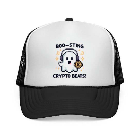 Quirky 8-Bit Ghost with Crypto Beats - Halloween Trucker Caps