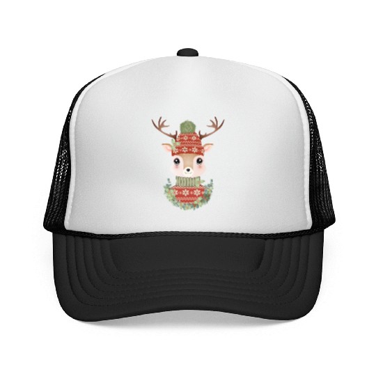 cute deer with sweater and Christmas wreath Trucker Caps