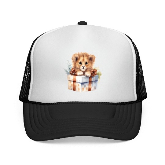 African Lion inside a Christmas gift box Trucker Caps