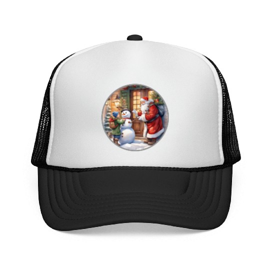 Santa Claus and a snowman distributes gifts. Trucker Caps