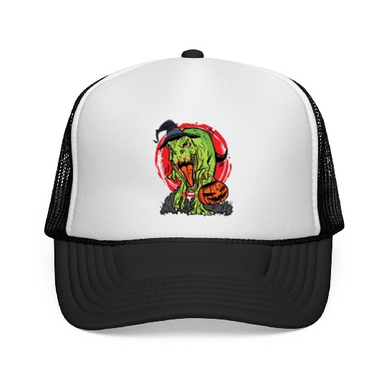 Trick Or Treating Dinosaur With Jack O Lantern Trucker Caps
