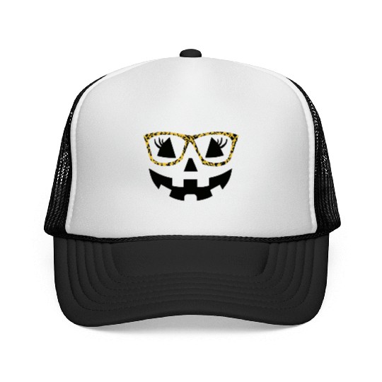 Jack O Lantern Cute Face Pumpkin with Leopard Prin Trucker Caps