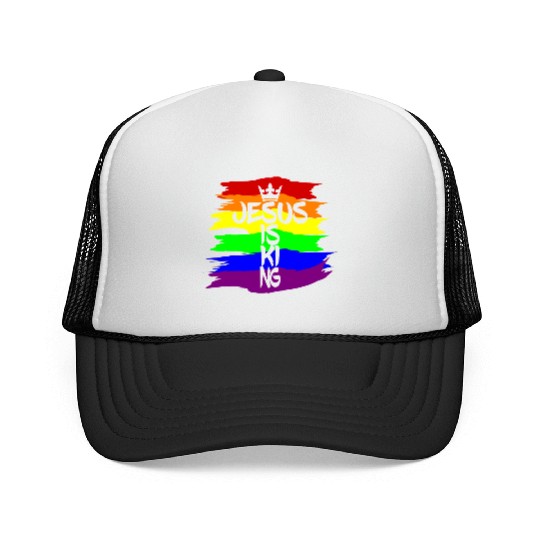 Queer Jesus is King Cross Crown Rainbow Colors Trucker Caps