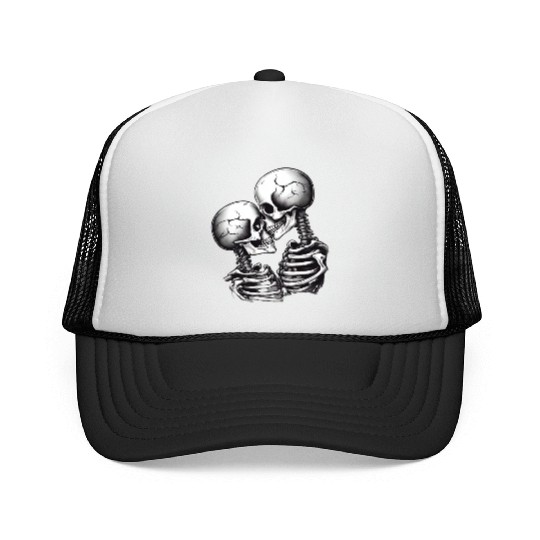 Skeleton Kissing Lovers' Design: Eternal Embrace Trucker Caps