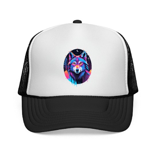 Eerie Blacklight Wolf Trucker Caps - Neon Colors
