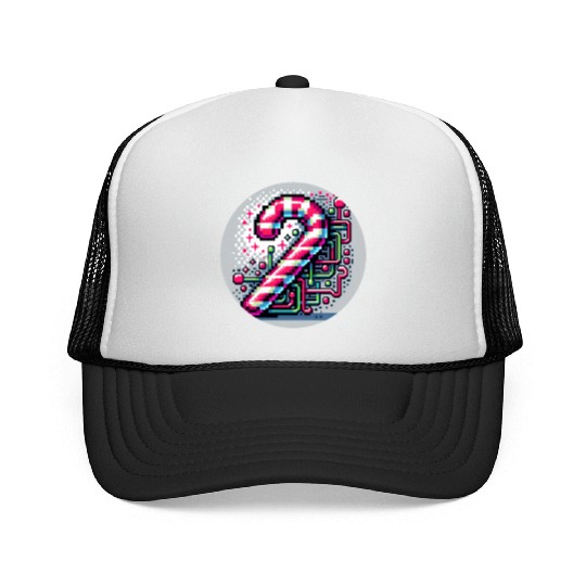 Neon Cyberpunk Candy Cane 8-Bit Pixel Christmas Trucker Caps