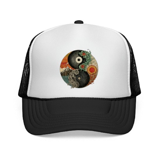Yin and Yang shaped logo Japanese ink painting Trucker Caps