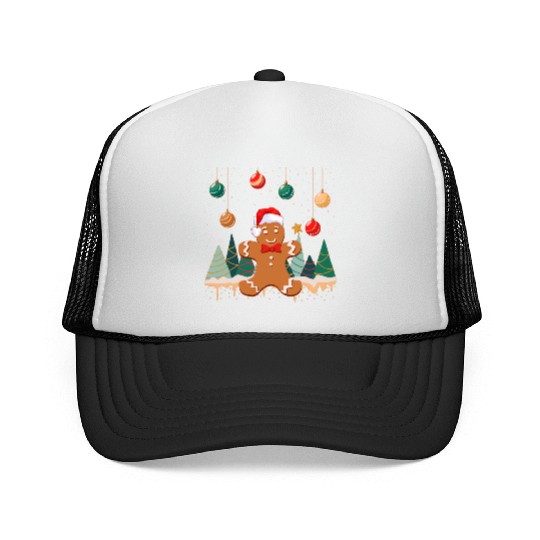 Gingerbread Man Cookie Snowy Christmas Ornaments Trucker Caps