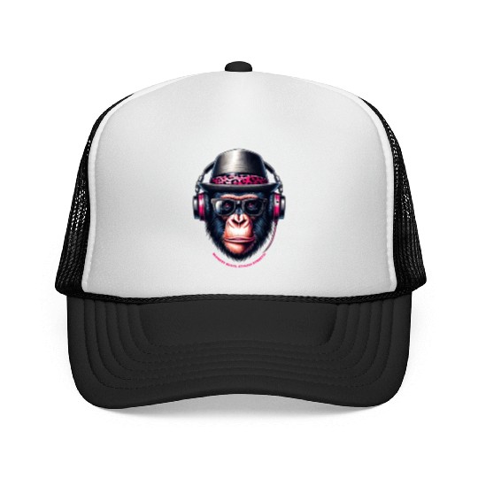 Cartoon Monkey With Headphones, Glasses And Hat Trucker Caps