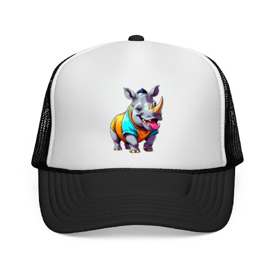 A Cartoonish Rhinoceros in a Playful Pose Trucker Caps