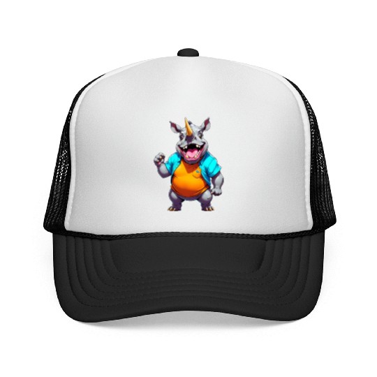 A Cartoonish Rhinoceros in a Playful Pose Trucker Caps