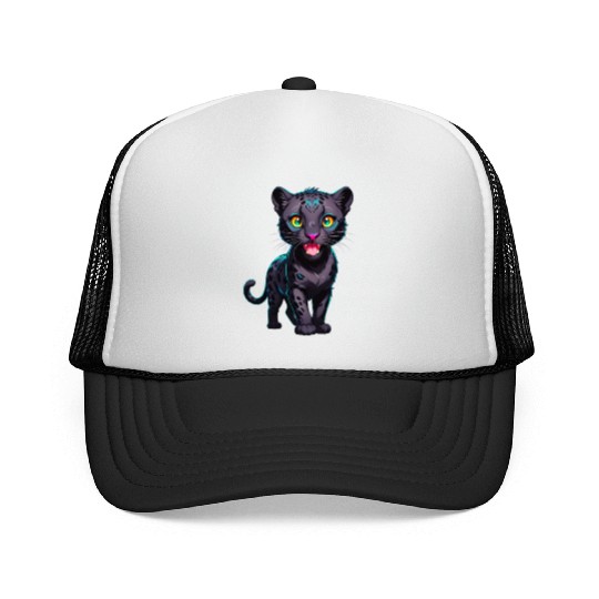 A Cartoonish Black Leopard in a Playful Pose Trucker Caps