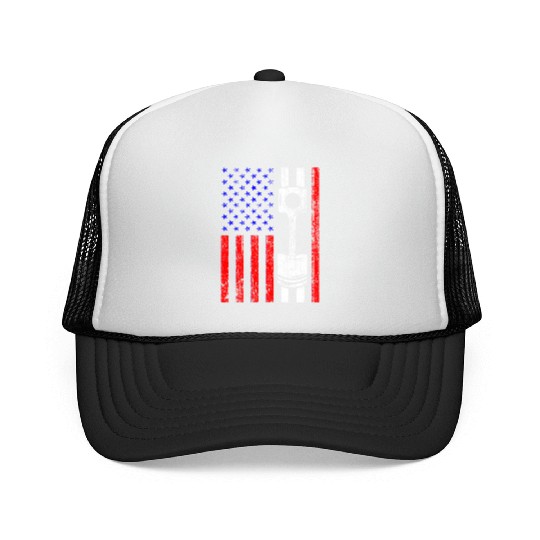American Flag Piston Muscle Car Patriotic Vintage Trucker Caps