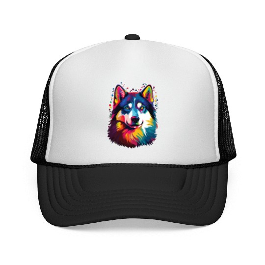 Watercolor Colorful Siberian Husky Trucker Caps
