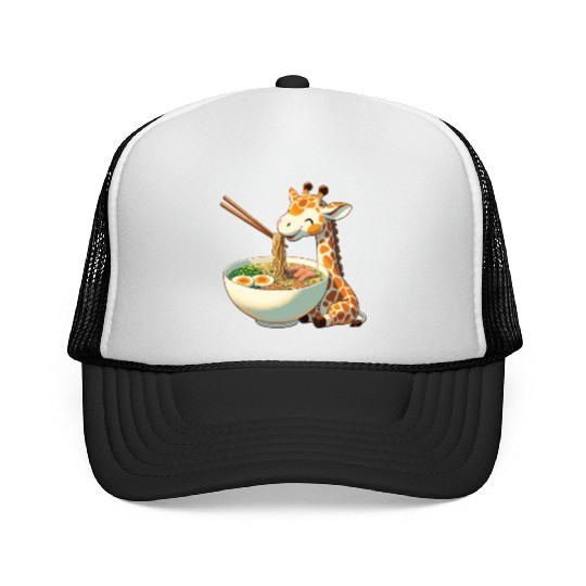 Cute Giraffe Eats Ramen Noodles Giraffe Ramen Trucker Caps