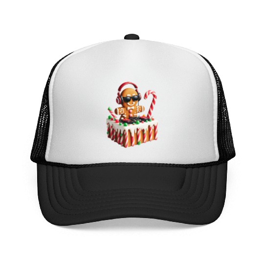 Gingerbread DJ Booth Christmas Holiday Candy Cane Trucker Caps