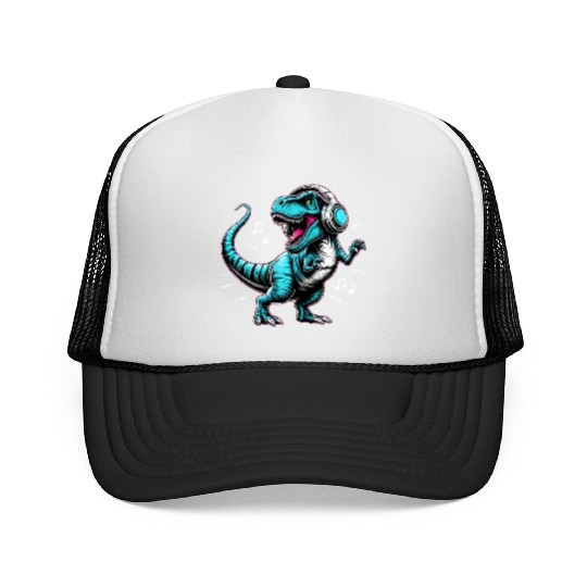 Dancing Tyrannosaurus Rex with Headphone Trucker Caps