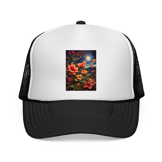 Colorful Hibiscus Under Starry Night Sky Trucker Caps