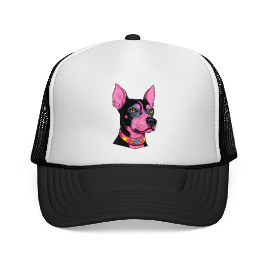 black and pink dog with yellow eyes Punk Rock Trucker Caps