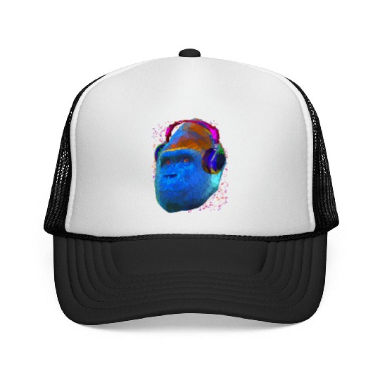 Gorilla with headphones low poly pop art Trucker Caps