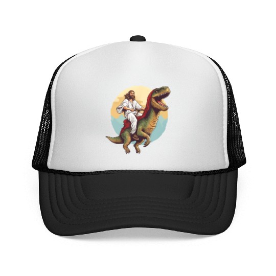 Jesus Riding a Dinosaur Meme Dino Lover Trucker Caps