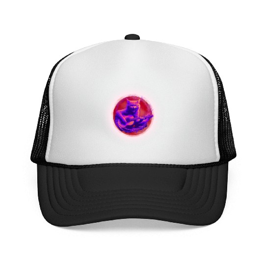 Rock Cat Playing Guitar Trucker Caps under the red moon