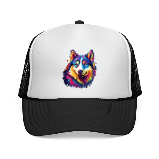 Watercolor Colorful Siberian Husky Trucker Caps